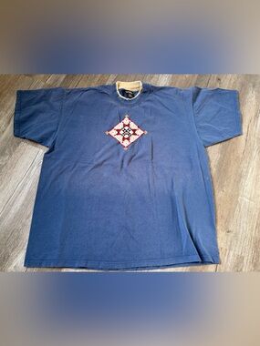 VTG Heart Cottage Core Navy Blue Short Sleeve Tee Embroidered Hippie Boho 2XL